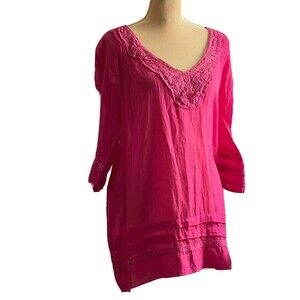 Pia Rossini Fuchsia Pink Cotton Cover Up Pool Beach Dress Long Sleeve Sheer